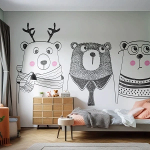 Fototapete Premium Sand - Drei lustige Bären im minimalistischen Stil - 100x70cm - Teddybär, Teddybär und Bär - Moderne Wanddekoration für Wohnzimmer und Schlafzimmer ARTTOR