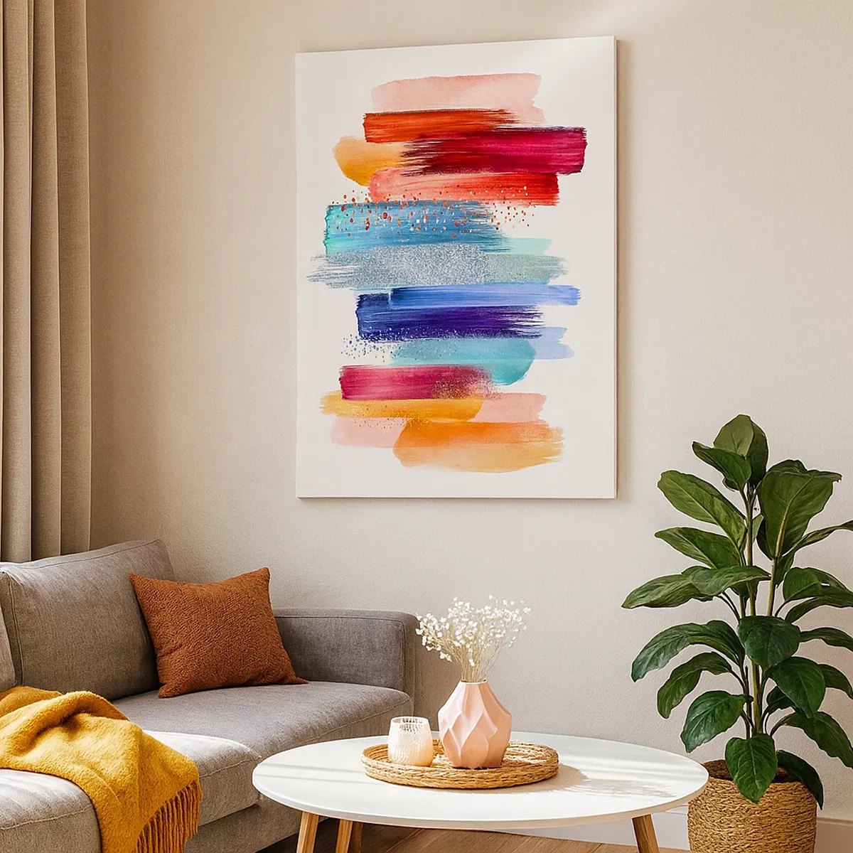 Bild auf Leinwand - Leinwandbild - Bunte Pinselstriche auf weißem Hintergrund - 50x70cm - Auf und ab - Moderne Wanddekoration für Wohnzimmer und Schlafzimmer ARTTOR