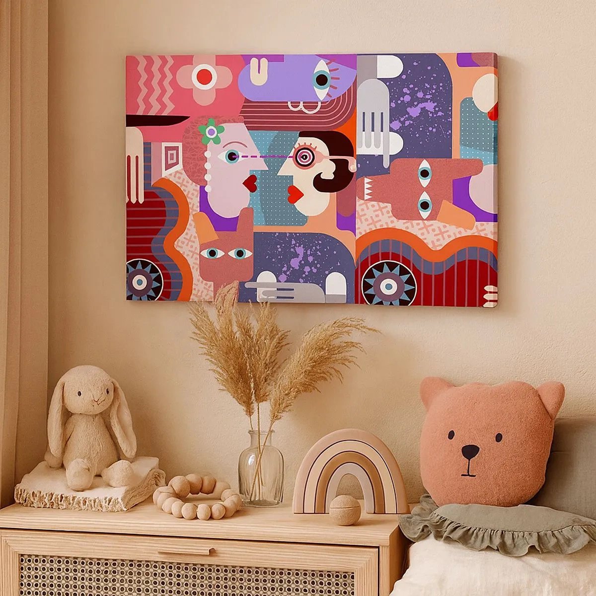 Bild auf Leinwand - Leinwandbild - Abstrakte Figuren in lebendigen Farben - 70x50cm - Augenhöhe - Moderne Wanddekoration für Wohnzimmer und Schlafzimmer ARTTOR