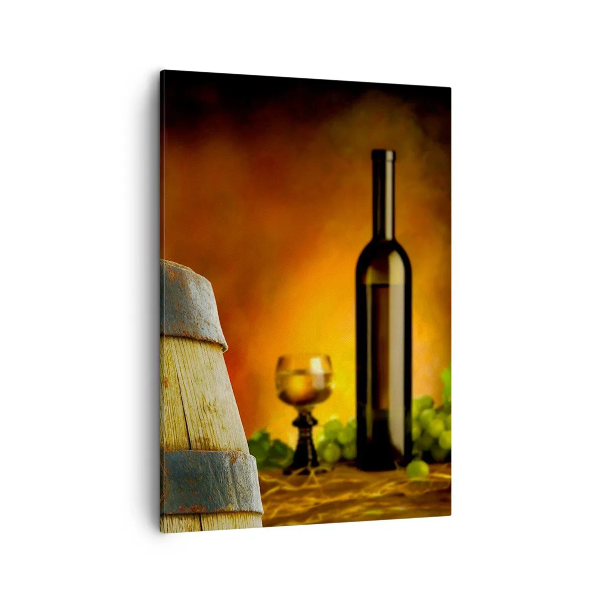 Bild auf Leinwand - Leinwandbild - Trauben auf einem Weinfass mit warmer Farbgebung im Hintergrund - 50x70cm - Stillleben mit einer Flasche Wein und einer Weintraube - Moderne Wanddekoration für Wohnzimmer und Schlafzimmer ARTTOR