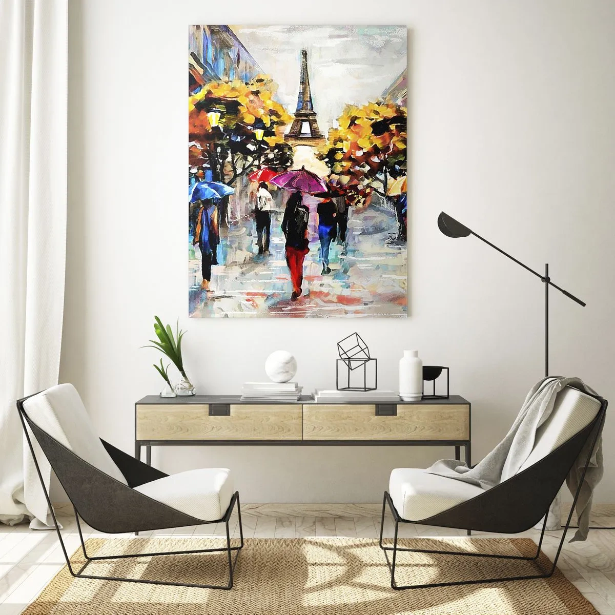 Glasbild - Bild auf glas - Der Eiffelturm im Hintergrund mit Menschen, die unter bunten Regenschirmen spazieren gehen - 50x70cm - Besonders schön im Herbst - Moderne Wanddekoration für Wohnzimmer und Schlafzimmer ARTTOR