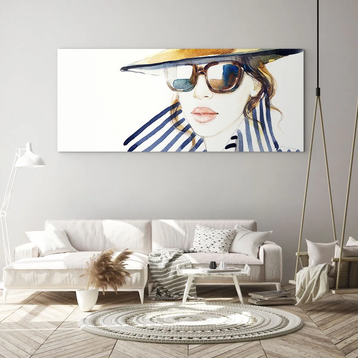 Glasbild - Bild auf glas - Porträt einer Frau mit Hut und Sonnenbrille - 140x50cm - Florida heißt Sie willkommen! - Moderne Wanddekoration für Wohnzimmer und Schlafzimmer ARTTOR