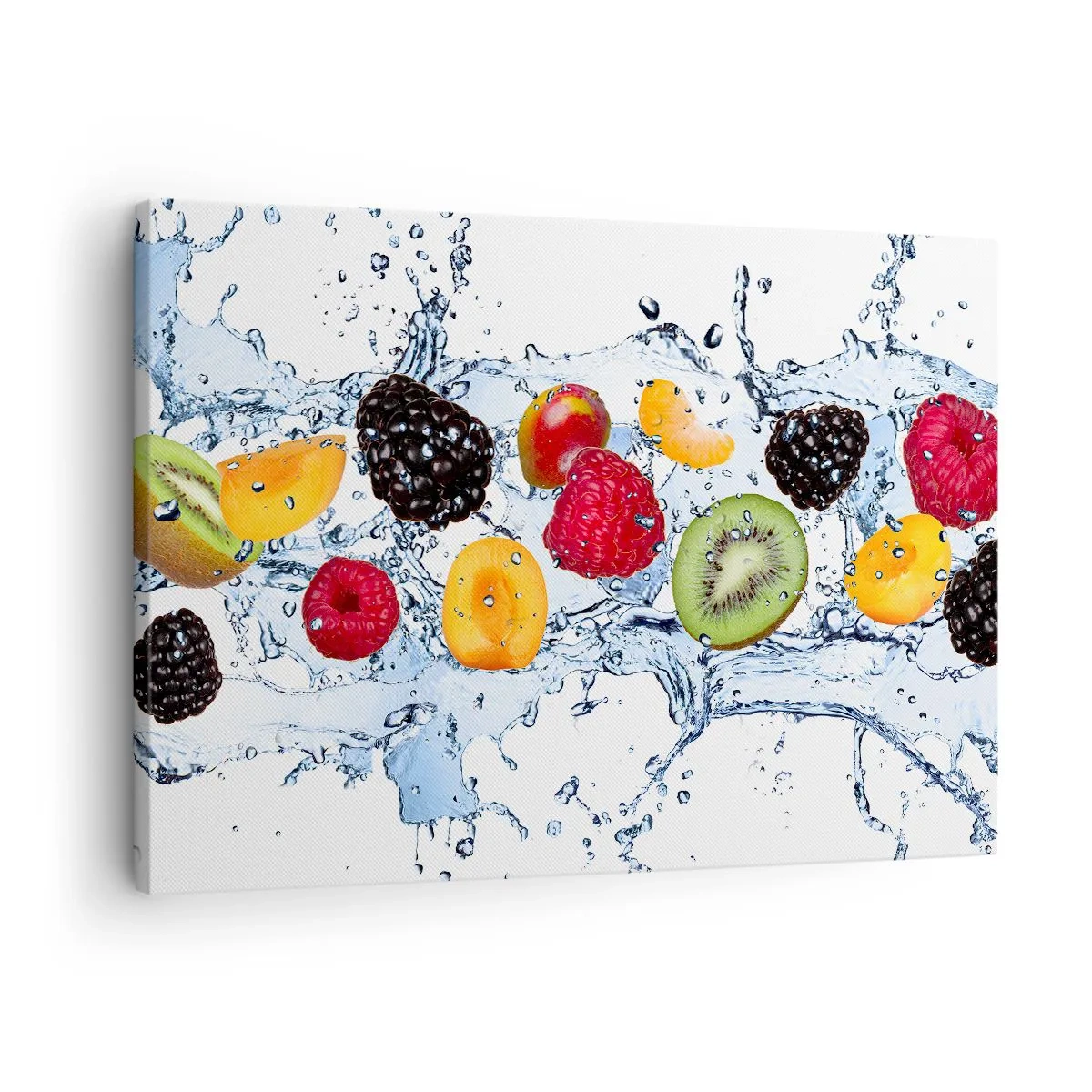 Bild auf Leinwand - Leinwandbild - Bunte Früchte in Wasserspritzern auf weißem Hintergrund eingetaucht - 70x50cm - Viel Spaß mit uns - Moderne Wanddekoration für Wohnzimmer und Schlafzimmer ARTTOR