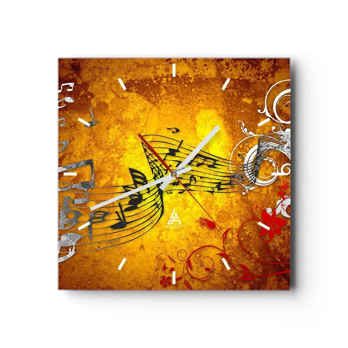 Wanduhr - Glasuhr - Abstrakte Musiknoten auf einem bunten Hintergrund mit Ornamenten - 30x30cm - Lass die Musik fließen - Moderne Wanddekoration für Wohnzimmer und Schlafzimmer ARTTOR