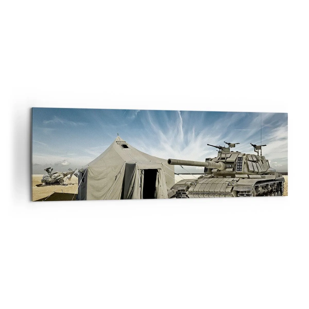 Bild auf Leinwand - Leinwandbild - Ein Panzer neben einem Militärzelt in einer Wüstengegend - 160x50cm - Ein militärischer Traum - Moderne Wanddekoration für Wohnzimmer und Schlafzimmer ARTTOR