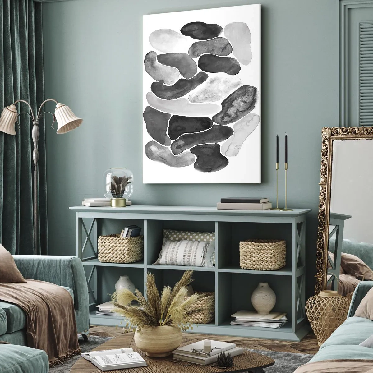 Bild auf Leinwand - Leinwandbild - Schwarz-weiße Abstraktion mit unregelmäßigen Flecken auf weißem Hintergrund - 70x100cm - Felsige Abstraktion - Moderne Wanddekoration für Wohnzimmer und Schlafzimmer ARTTOR