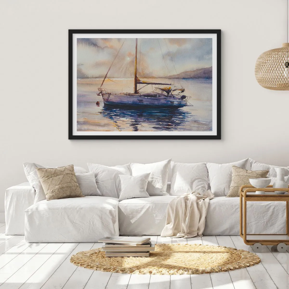 Poster in einem schwarzem Rahmen - Eine Yacht auf ruhigem Meer bei Sonnenuntergang - 70x50cm - Abend in der Bucht - Moderne Wanddekoration für Wohnzimmer und Schlafzimmer ARTTOR