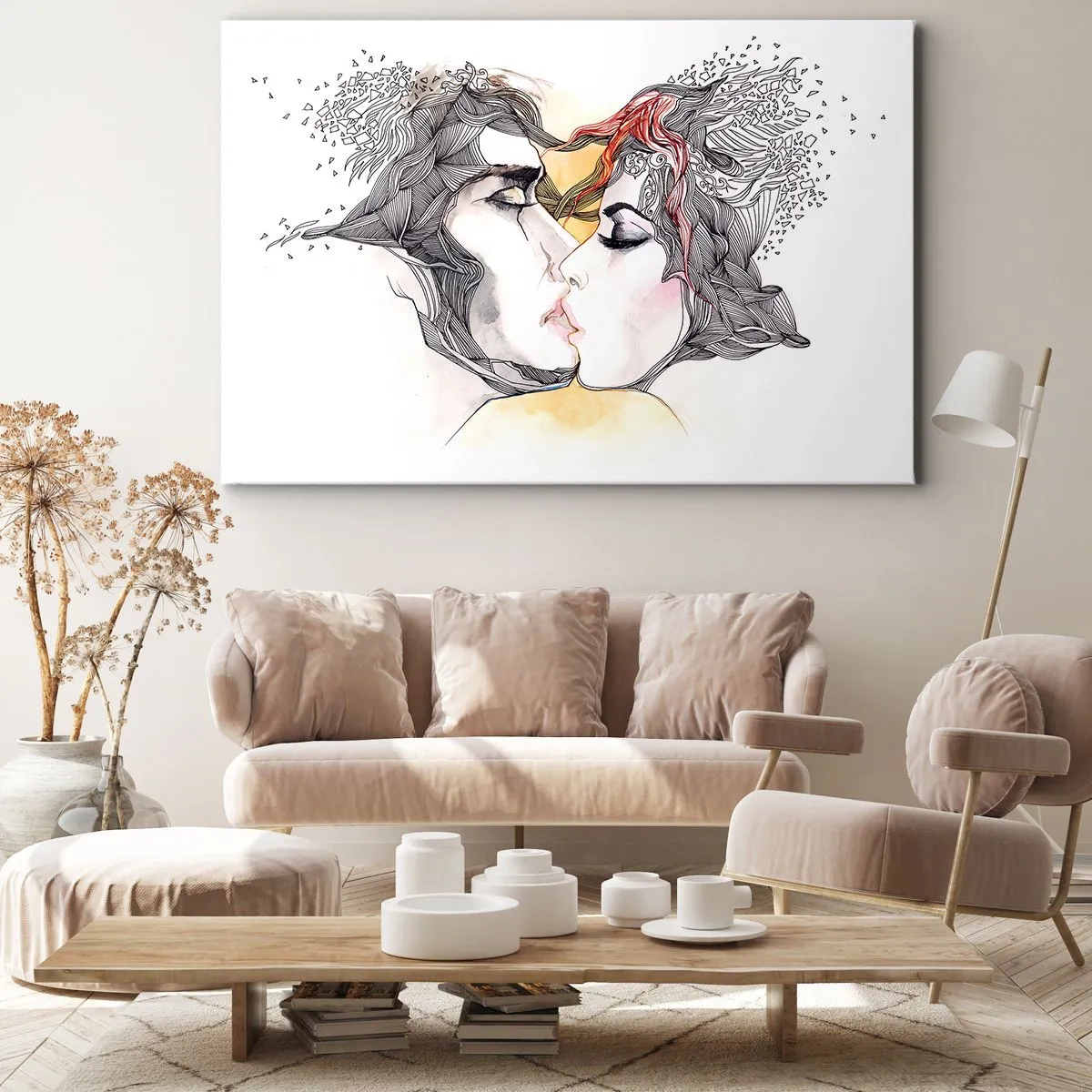 Bild auf Leinwand - Leinwandbild - Künstlerisches Paarportrait mit abstrakten Haarmotiven - 70x50cm - Die Welt existiert nicht - Moderne Wanddekoration für Wohnzimmer und Schlafzimmer ARTTOR