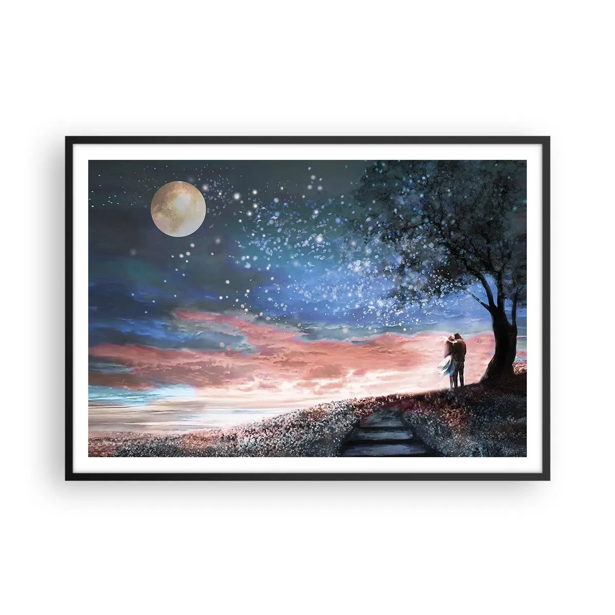 Poster in einem schwarzem Rahmen - Romantische Paarszene unter Vollmond - 100x70cm - Ein sternenklares Spektakel - Moderne Wanddekoration für Wohnzimmer und Schlafzimmer ARTTOR