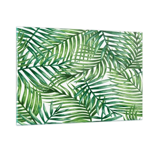 Glasbild - Bild auf glas - Grüne Palmblätter auf weißem Hintergrund erzeugen ein geometrisches Muster - 120x80cm - Unter dem grünen Baldachin - Moderne Wanddekoration für Wohnzimmer und Schlafzimmer ARTTOR