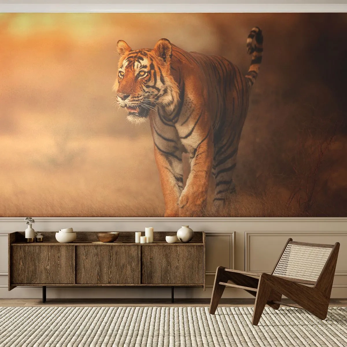Fototapete Premium Sand - Vor dem Angriff - Tiere, Tiger, Afrika - 300x210 cm