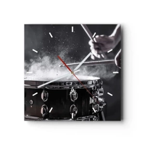 Wanduhr - Glasuhr - Schlagen der Snare Drum mit Sticks mit Staubeffekt - 30x30cm - Der Puls der Musik - Moderne Wanddekoration für Wohnzimmer und Schlafzimmer ARTTOR