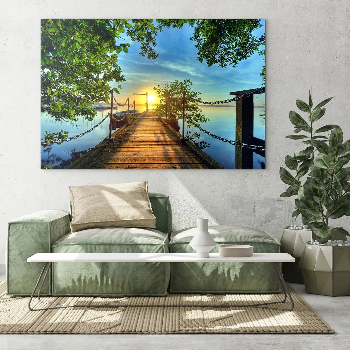 Glasbild - Bild auf glas - Ein Pier mit Blick auf den Sonnenuntergang über dem See - 120x80cm - Westen auf dem Wasser - Moderne Wanddekoration für Wohnzimmer und Schlafzimmer ARTTOR