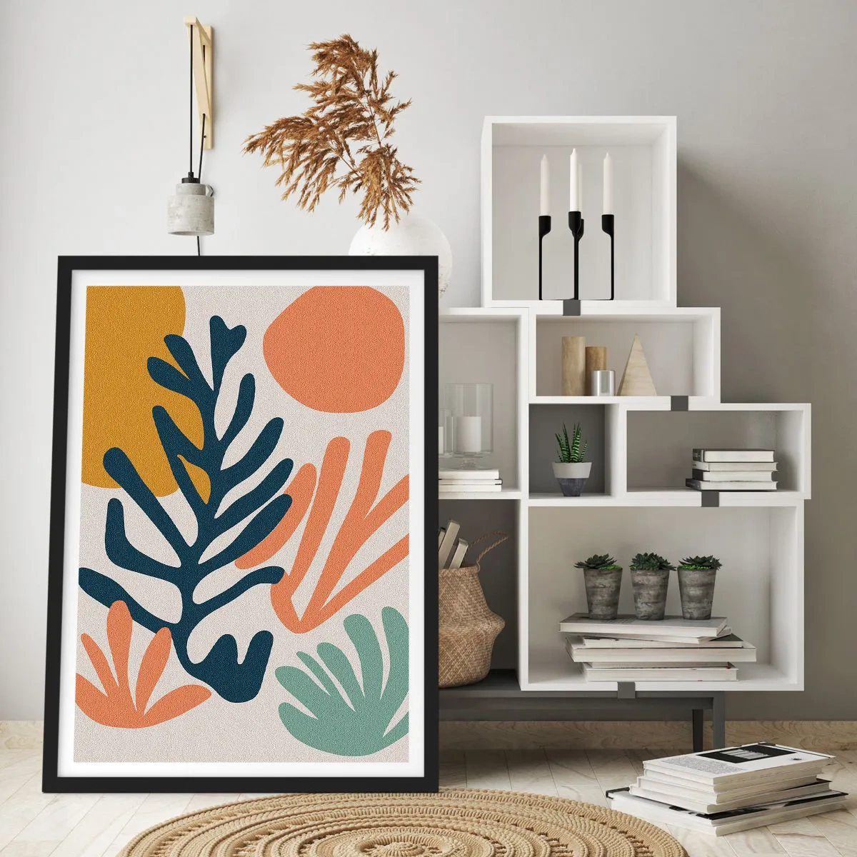 Poster in einem schwarzem Rahmen - Eine farbenfrohe Komposition aus Pflanzenformen im modernen Stil - 50x70cm - Korallenmeere - Moderne Wanddekoration für Wohnzimmer und Schlafzimmer ARTTOR