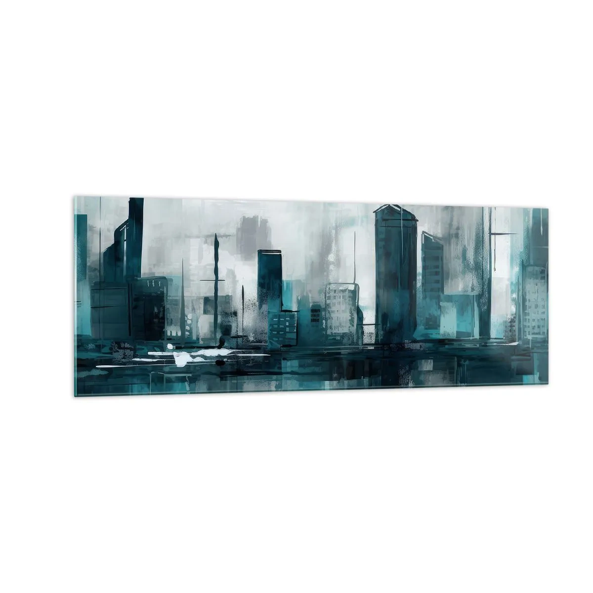 Glasbild - Bild auf glas - Eine moderne Stadt in Türkis- und Grautönen - 140x50cm - Eine Stadt in der Farbe des Regens - Moderne Wanddekoration für Wohnzimmer und Schlafzimmer ARTTOR