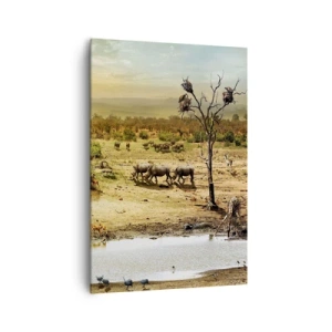 Bild auf Leinwand - Leinwandbild - Elefanten und Wildtiere an einer Wasserstelle bei Sonnenuntergang - 70x100cm - Ein Fluss floss aus Eden ... - Moderne Wanddekoration für Wohnzimmer und Schlafzimmer ARTTOR
