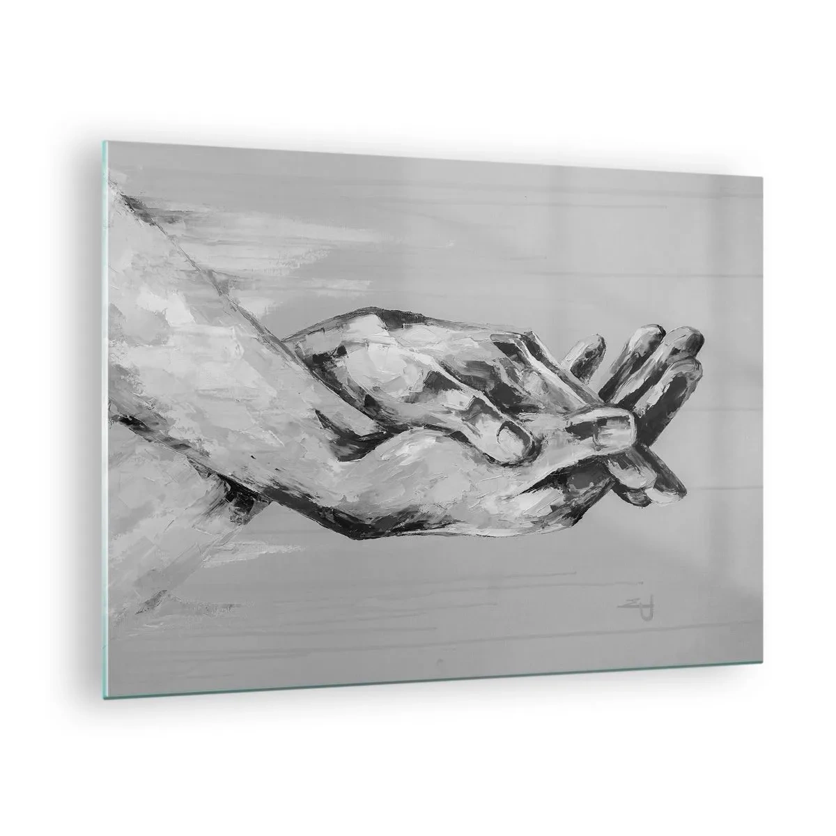 Glasbild - Bild auf glas - Schwarz-Weiß-Gemälde zweier Hände, die nacheinander greifen - 70x50cm - Anfang… - Moderne Wanddekoration für Wohnzimmer und Schlafzimmer ARTTOR