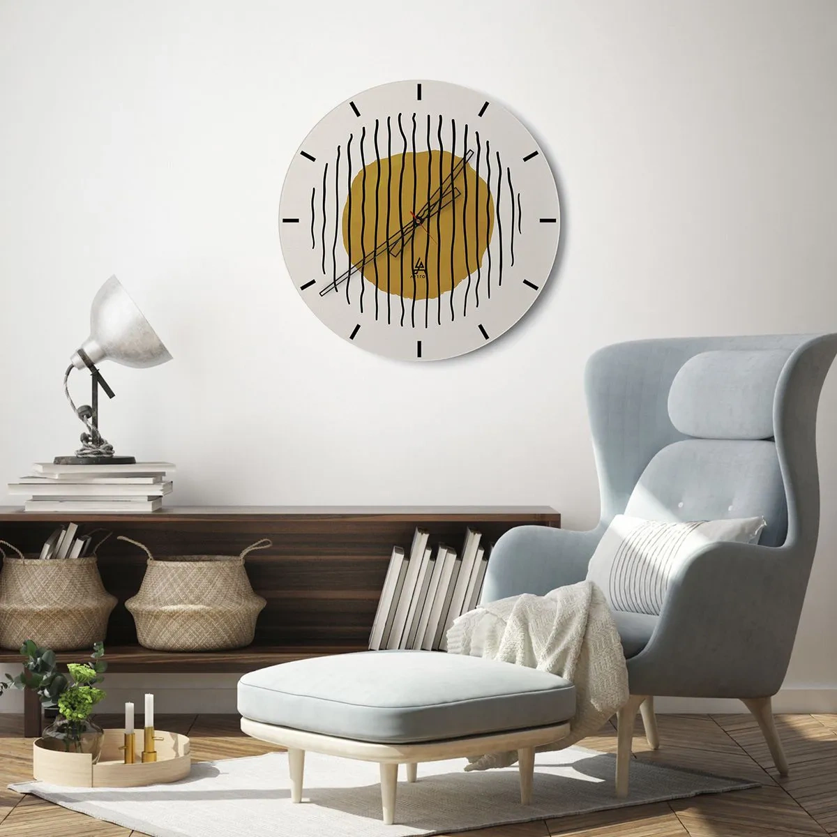 Wanduhr - Glasuhr - Ein gelb-oranger Kreis, umgeben von schwarzen Wellenlinien - 30x30cm - Abstraktion, die vor Hitze zittert - Moderne Wanddekoration für Wohnzimmer, Küche und Schlafzimmer ARTTOR