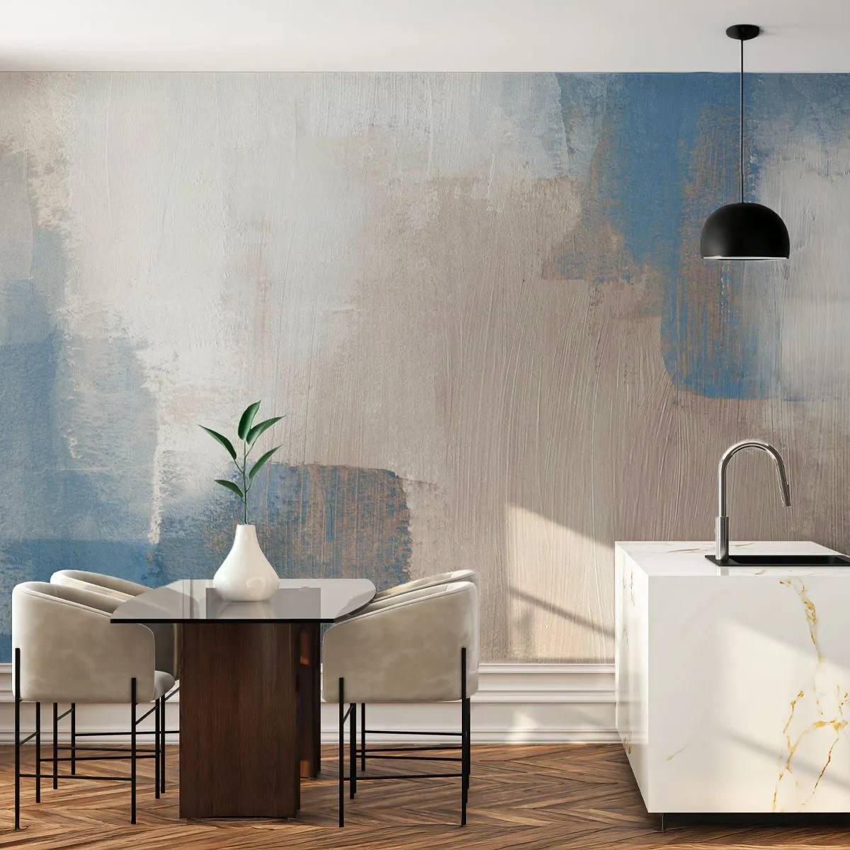 Fototapete Premium Sand - Rosa Abstraktion hinter einem blauen Vorhang - Stück, Zeitgenössisch, Farben - 100x70 cm