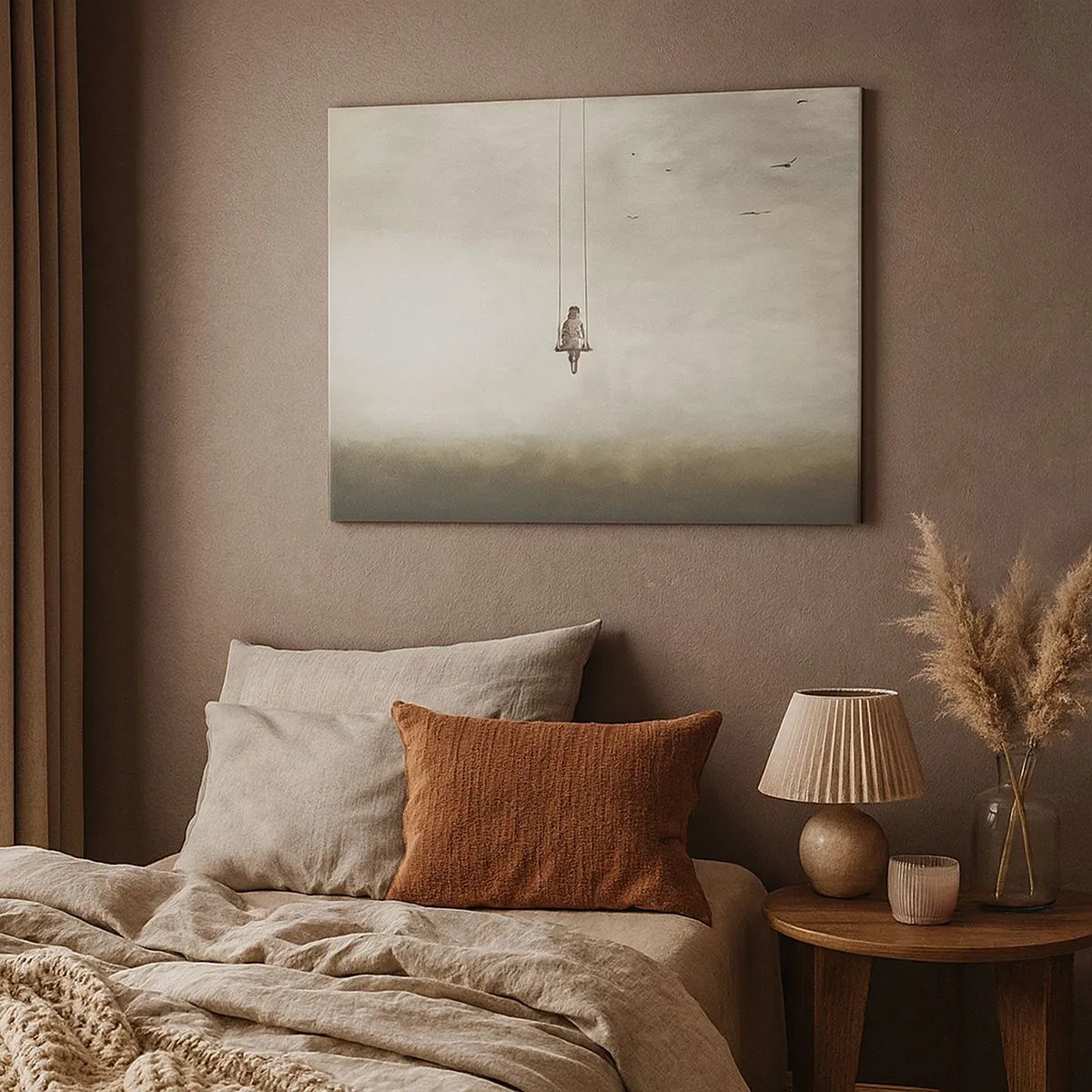 Bild auf Leinwand - Leinwandbild - Eine Figur auf einer Schaukel, die im Raum schwebt - 70x50cm - Ein Kind in uns - Moderne Wanddekoration für Wohnzimmer und Schlafzimmer ARTTOR