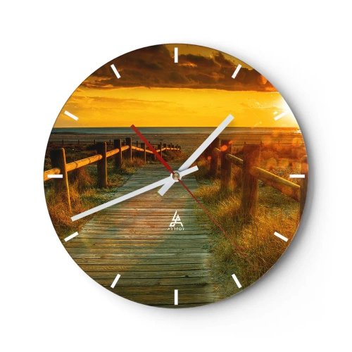 Wanduhr - Glasuhr - Sonnenuntergang über dem Holzweg - 30x30cm - In altem Gold gebadet - Moderne Wanddekoration für Wohnzimmer, Küche und Schlafzimmer ARTTOR