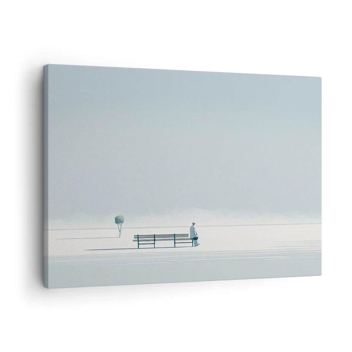 Bild auf Leinwand - Leinwandbild - Eine Person, die auf einer Bank in einer minimalistischen Landschaft sitzt - 70x50cm - Ja, ich warte. - Moderne Wanddekoration für Wohnzimmer und Schlafzimmer ARTTOR