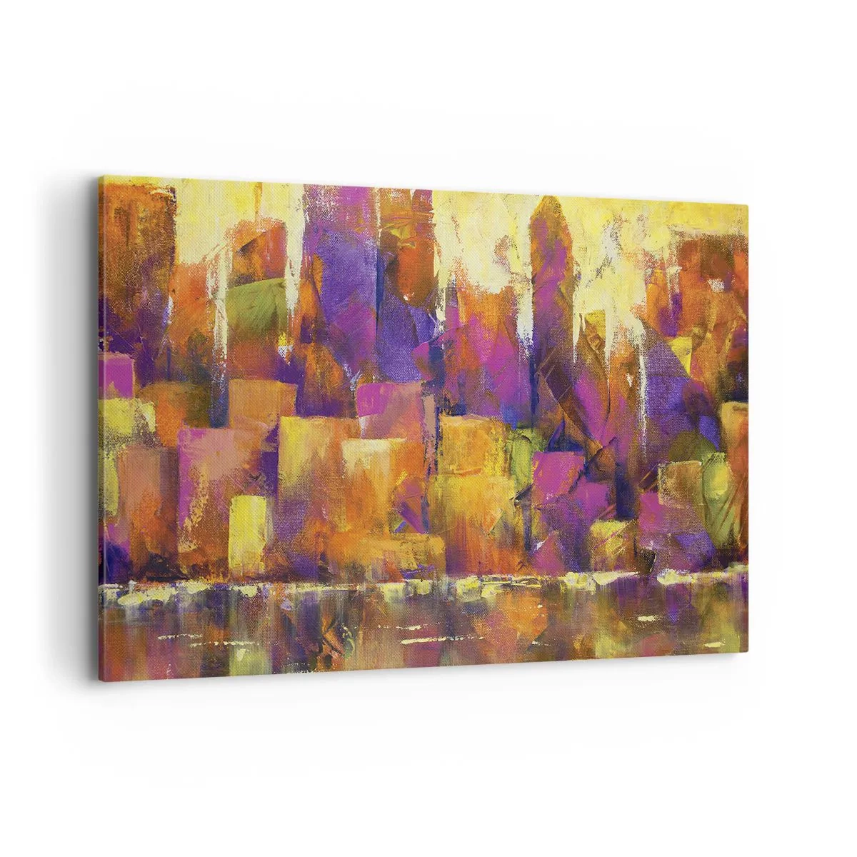 Bild auf Leinwand - Leinwandbild - Abstrakte Komposition einer Metropole in Gelb- und Lilatönen - 120x80cm - Metropolitische Komposition - Moderne Wanddekoration für Wohnzimmer und Schlafzimmer ARTTOR