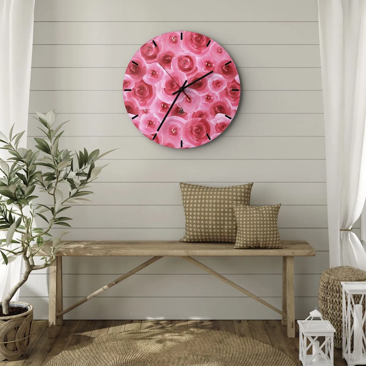 Wanduhr - Glasuhr - Aquarell rote Rosen auf hellem Hintergrund - 30x30cm - Oben und unten Rosen - Moderne Wanddekoration für Wohnzimmer, Küche und Schlafzimmer ARTTOR