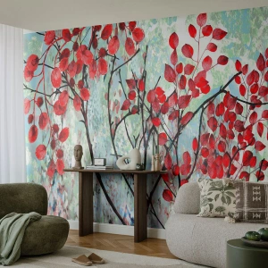 Fototapete Premium Sand - Baum in Scharlachrot - Abstraktion, Rote Blätter, Zweig - 300x210 cm