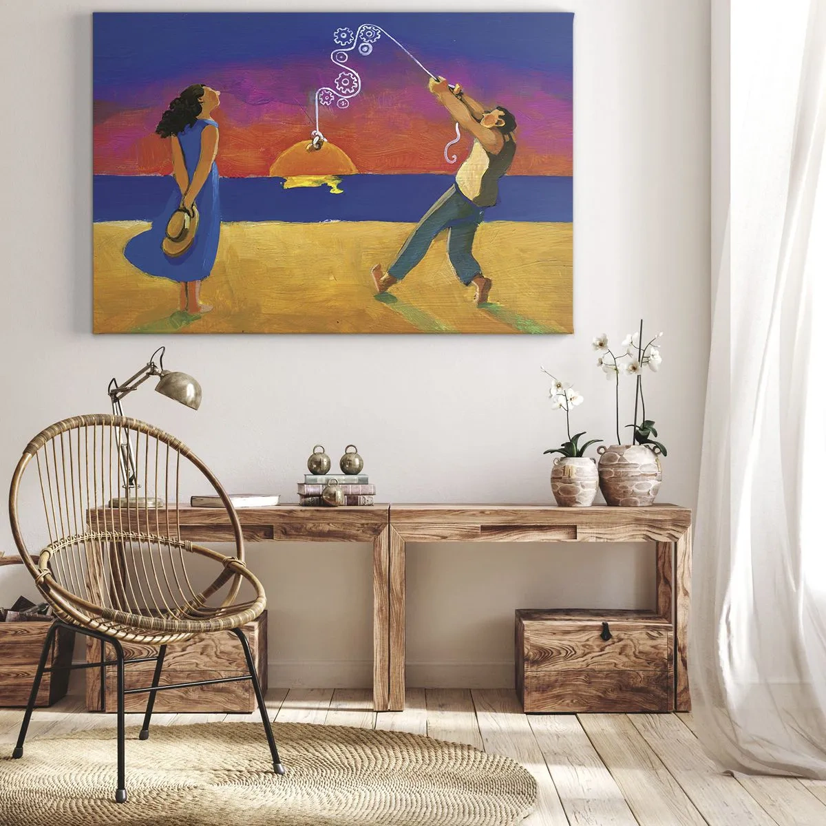 Bild auf Leinwand - Leinwandbild - Figuren am Meer bei Sonnenuntergang - 100x70cm - Mehr als ein Sternchen vom Himmel - Moderne Wanddekoration für Wohnzimmer und Schlafzimmer ARTTOR