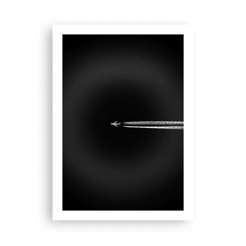 Poster - Ein Flugzeug fliegt vor einem schwarzen Hintergrund und hinterlässt Kondensstreifen. - 50x70cm - In eine andere Dimension - Moderne Wanddekoration für Wohnzimmer und Schlafzimmer ARTTOR