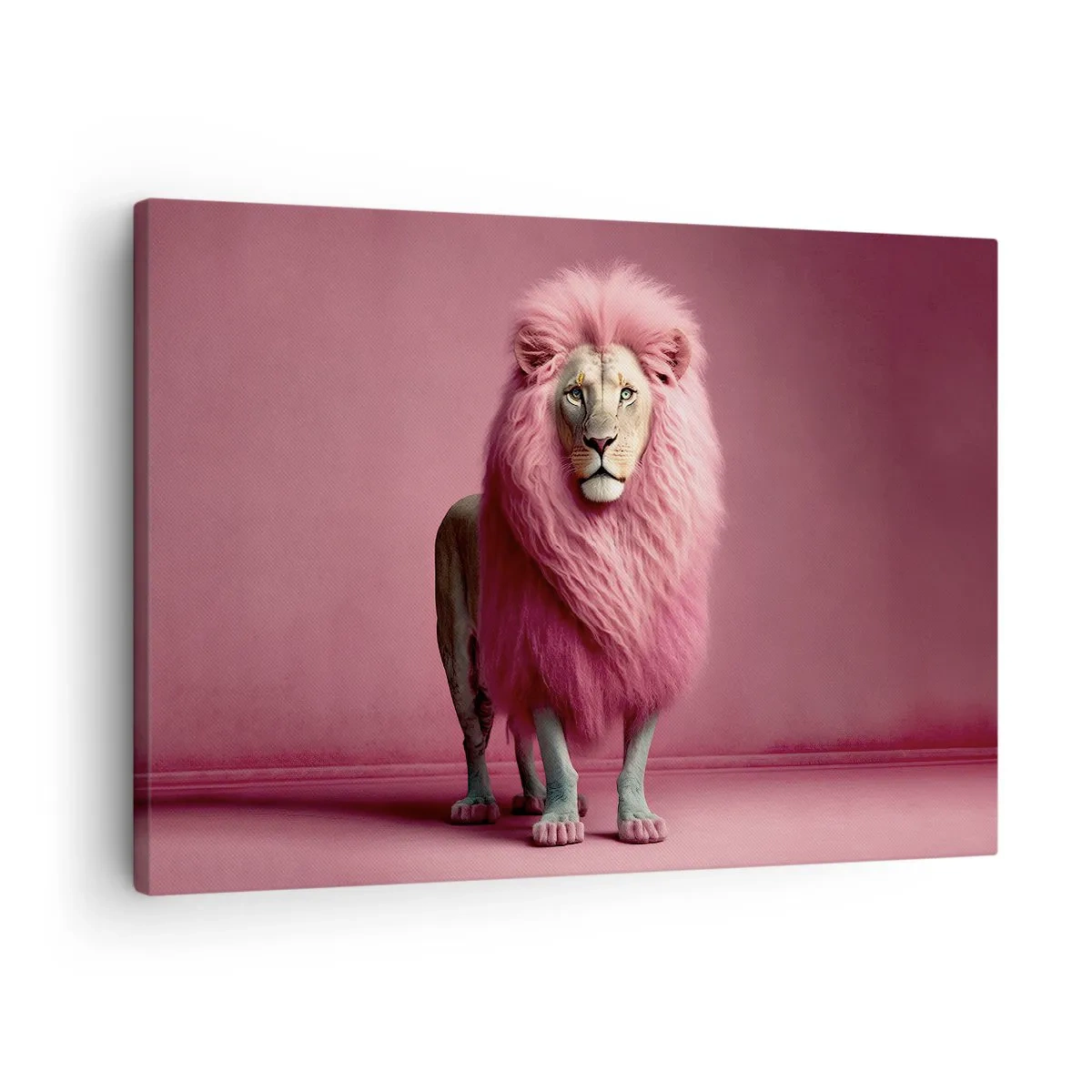 Bild auf Leinwand - Leinwandbild - Ein künstlerisch gestalteter Löwe mit rosa Mähne auf rosa Hintergrund - 70x50cm - Und du hast keine Angst mehr - Moderne Wanddekoration für Wohnzimmer und Schlafzimmer ARTTOR