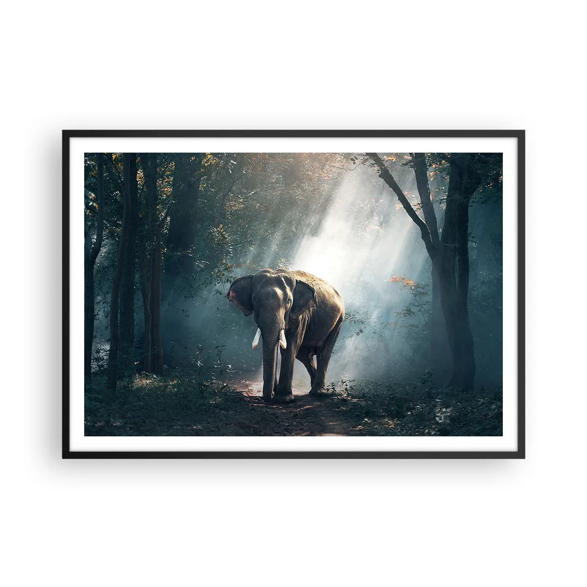 Poster in einem schwarzem Rahmen - Elefant im Waldlicht - 100x70cm - Ein gemütlicher Spaziergang - Moderne Wanddekoration für Wohnzimmer und Schlafzimmer ARTTOR