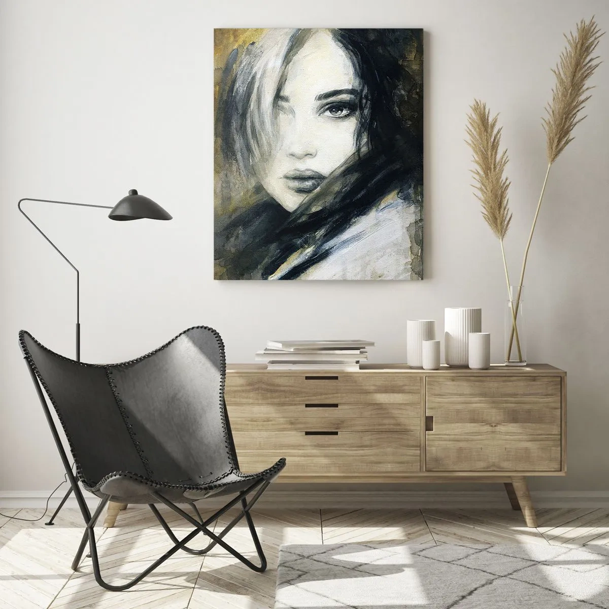 Glasbild - Bild auf glas - Porträt einer Frau vor einem Hintergrund aus abstrakten Flecken in Beigetönen - 70x100cm - unschuldiger oder sinnlicher? - Moderne Wanddekoration für Wohnzimmer und Schlafzimmer ARTTOR