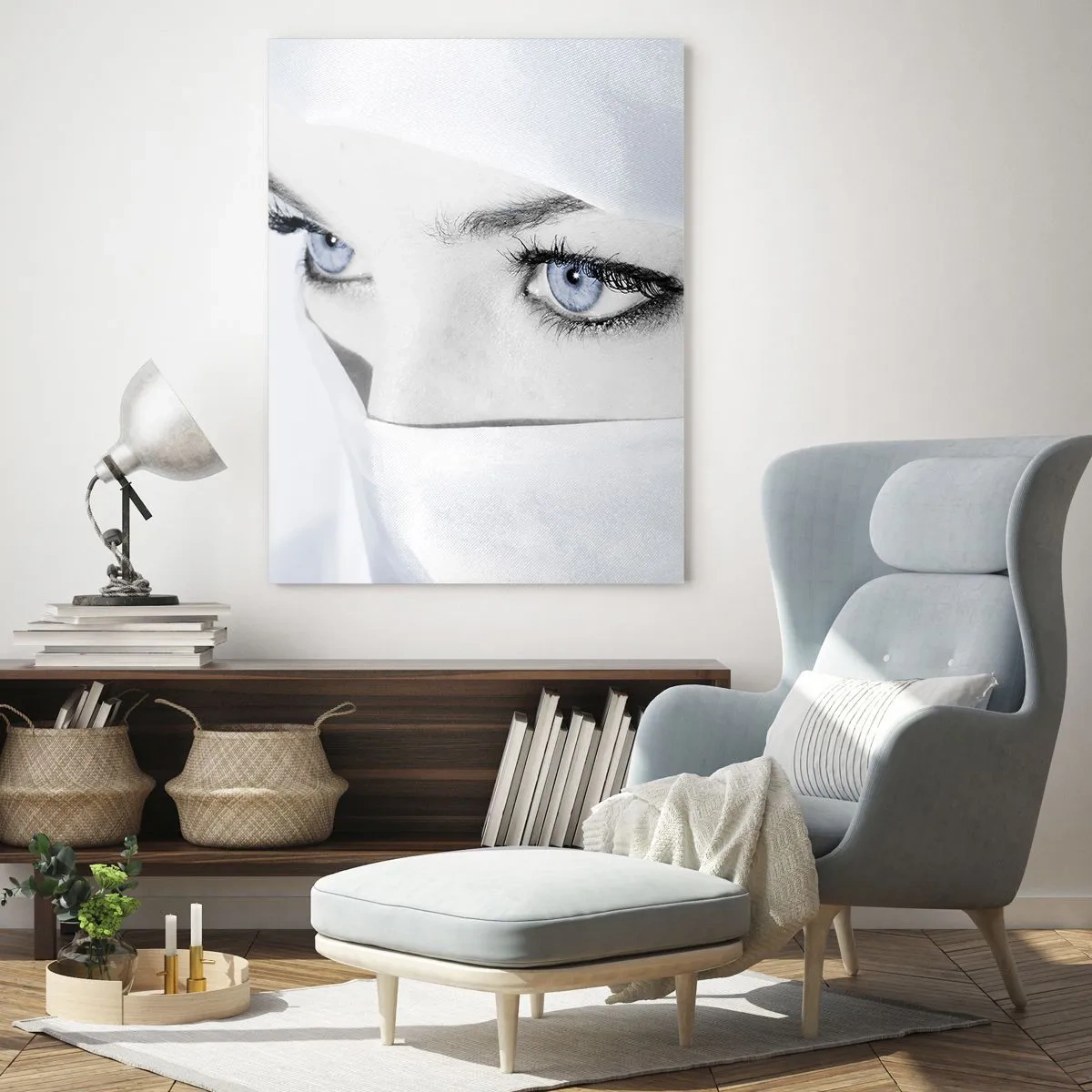 Glasbild - Bild auf glas - Porträt einer Frau mit blauen Augen, versteckt hinter einem weißen Schleier - 80x120cm - Aus Tausendundeiner Nacht - Moderne Wanddekoration für Wohnzimmer und Schlafzimmer ARTTOR