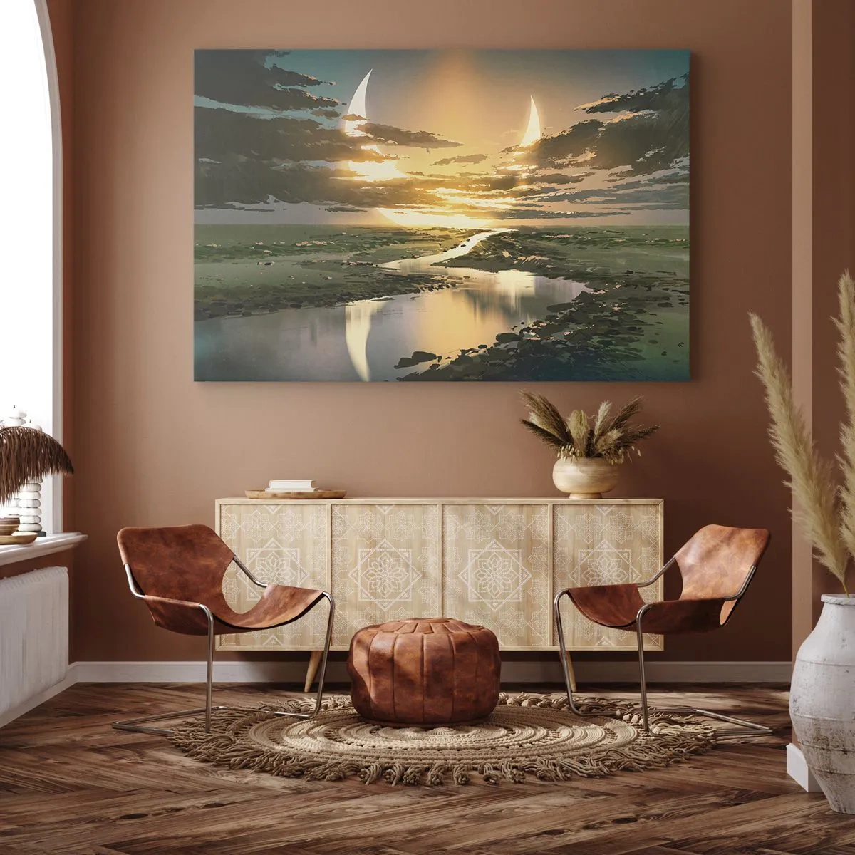 Bild auf Leinwand - Leinwandbild - Eine fantastische Landschaft mit zwei Monden am Horizont - 70x50cm - Irgendwo in einer weit, weit entfernten Galaxie - Moderne Wanddekoration für Wohnzimmer und Schlafzimmer ARTTOR