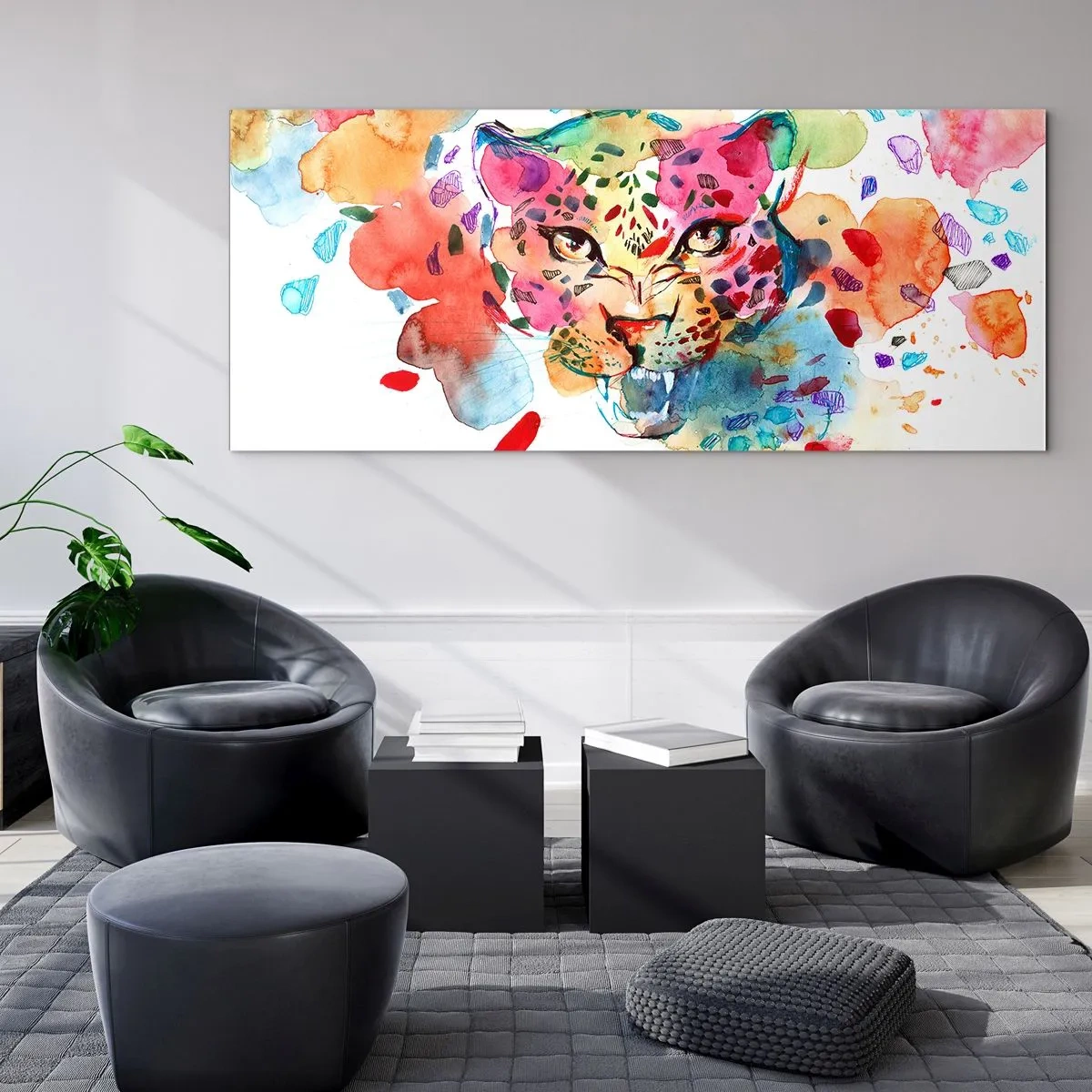 Glasbild - Bild auf glas - Abstraktes Porträt eines Leoparden in intensiven Farben - 140x50cm - Die Schöne und das Biest - Moderne Wanddekoration für Wohnzimmer und Schlafzimmer ARTTOR