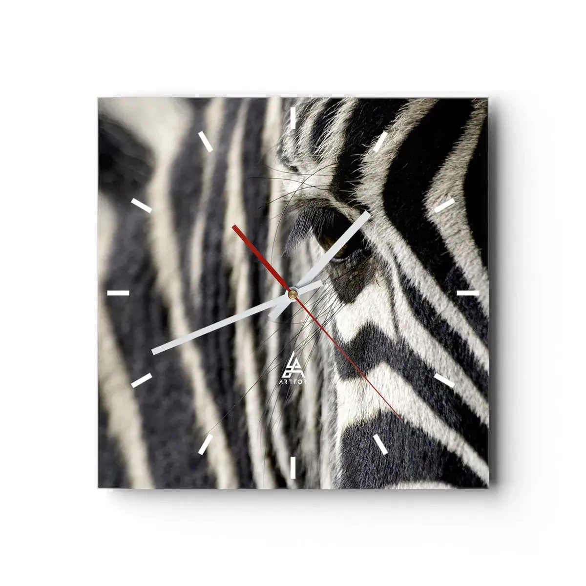 Wanduhr - Glasuhr - Nahaufnahme eines Zebraauges mit schwarzen und weißen Streifen - 30x30cm - Gestreiftes Porträt - Moderne Wanddekoration für Wohnzimmer und Schlafzimmer ARTTOR