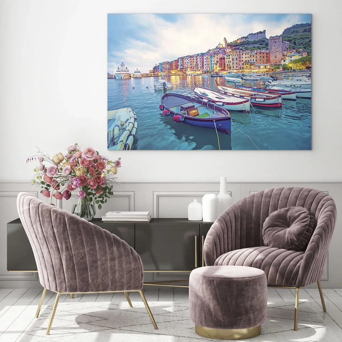 Glasbild - Bild auf glas - Abendlicher Blick auf Cinque Terre mit seinen farbenfrohen Gebäuden - 70x50cm - Bunter Abend im Hafen - Moderne Wanddekoration für Wohnzimmer und Schlafzimmer ARTTOR