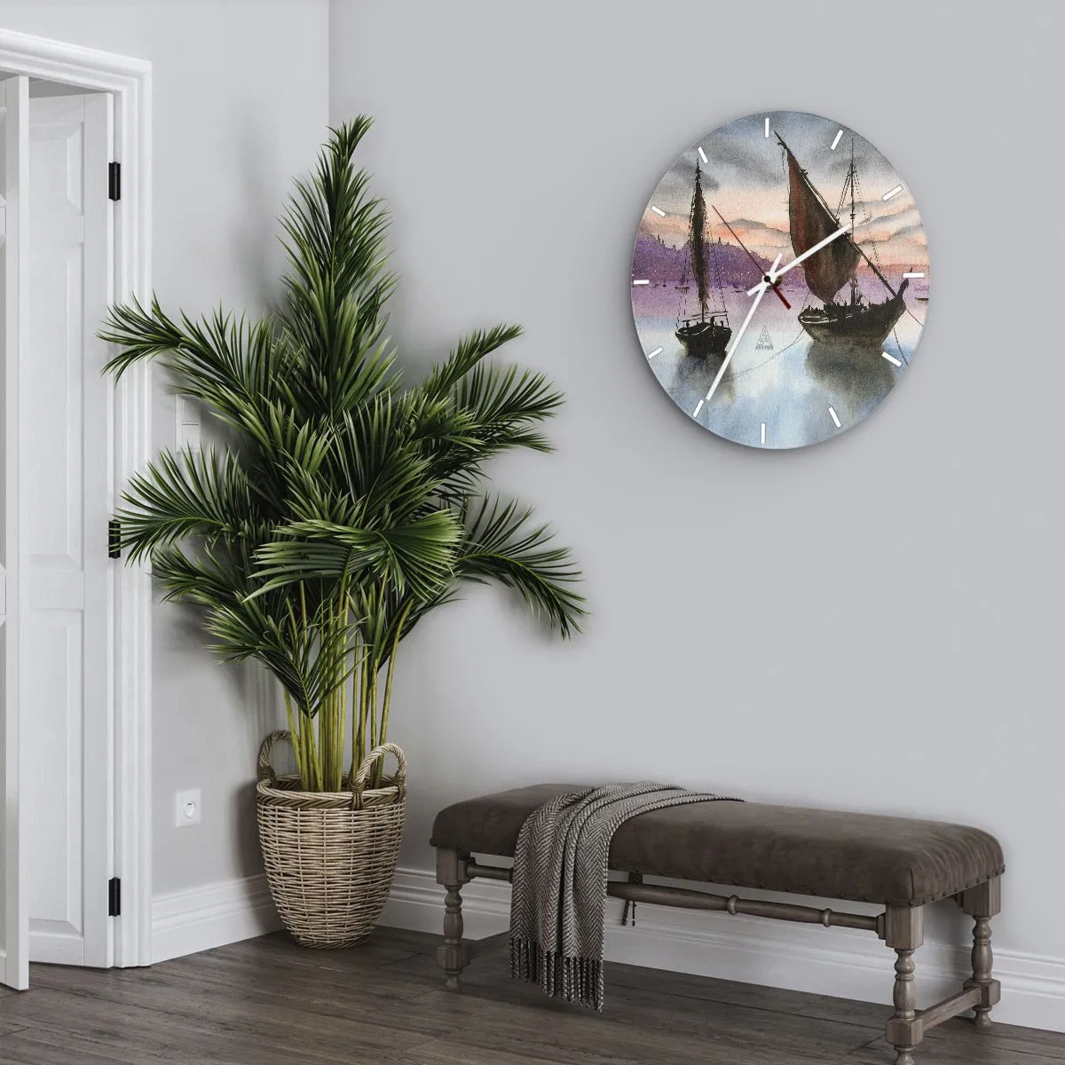 Wanduhr - Glasuhr - Segelschiffe auf dem Wasser bei Sonnenuntergang - 30x30cm - Abend am Hafen - Moderne Wanddekoration für Wohnzimmer, Küche und Schlafzimmer ARTTOR