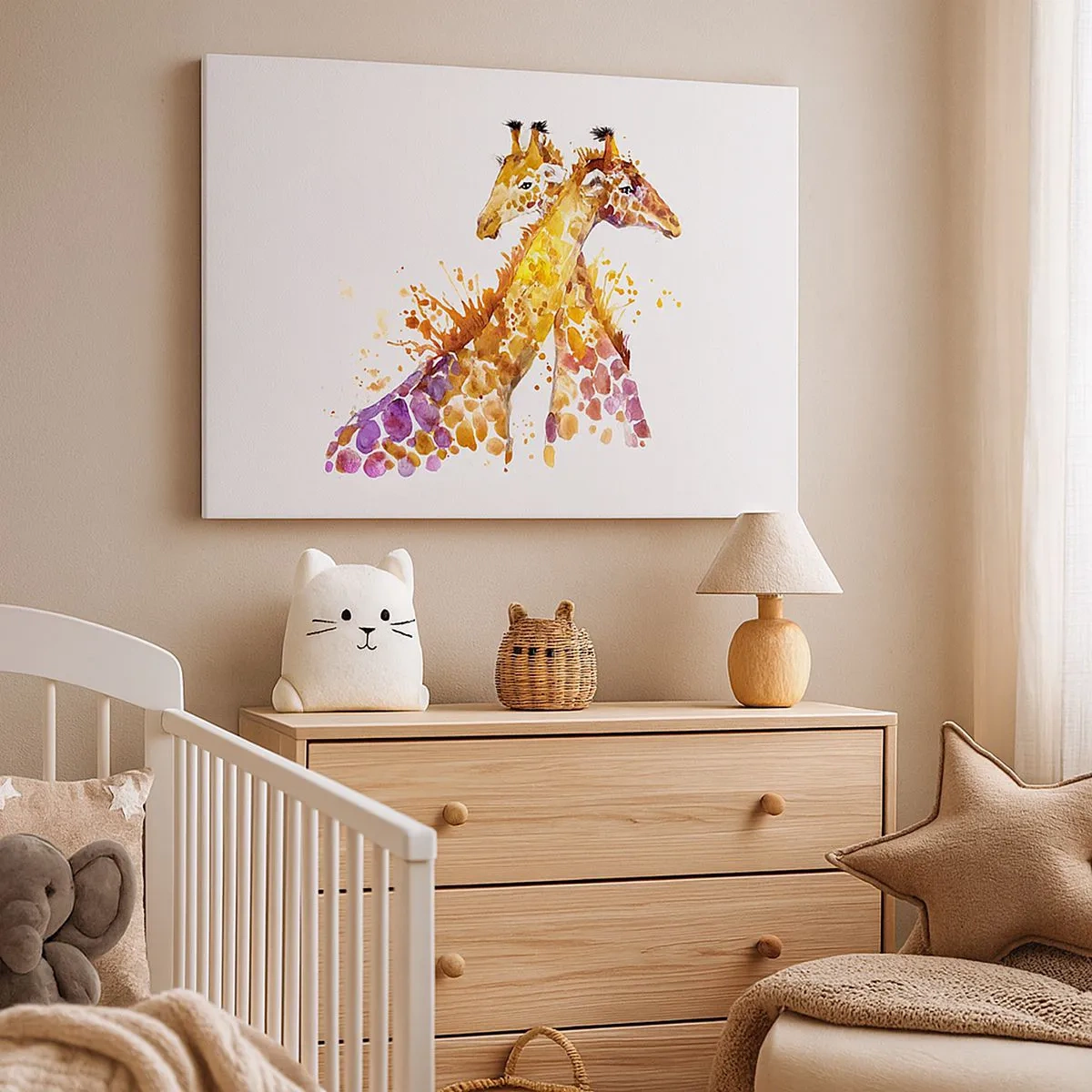 Bild auf Leinwand - Leinwandbild - Aquarell Giraffen in bunten Farbtönen - 70x50cm - Ist es Freundschaft oder ist es Baby? - Moderne Wanddekoration für Wohnzimmer und Schlafzimmer ARTTOR