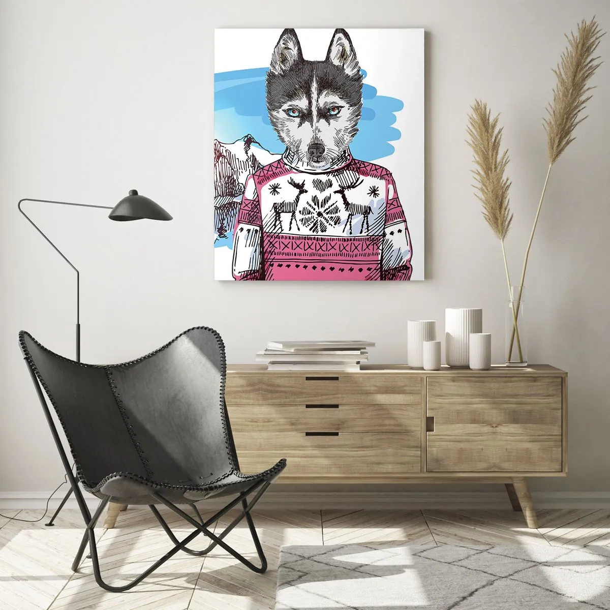 Glasbild - Bild auf glas - Husky im Pullover mit Bergen im Hintergrund - 50x70cm - Ein Wolf in Schafwolle - Moderne Wanddekoration für Wohnzimmer und Schlafzimmer ARTTOR