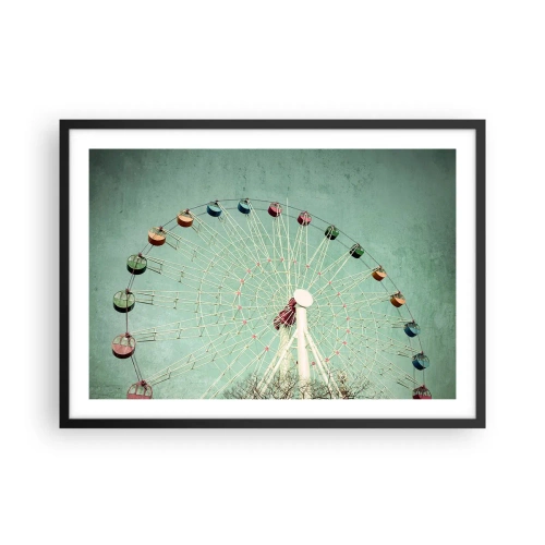 Poster in einem schwarzem Rahmen - Ein buntes Riesenrad vor blauem Himmel im Retro-Stil - 70x50cm - Wir laden zum Spiel ein - Moderne Wanddekoration für Wohnzimmer und Schlafzimmer ARTTOR