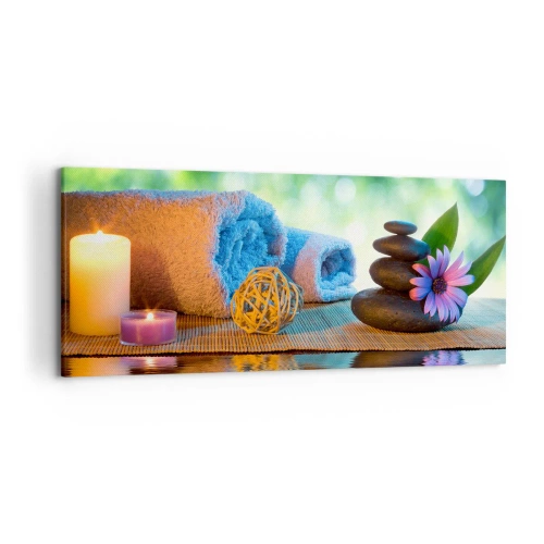 Bild auf Leinwand - Leinwandbild - Entspannendes SPA-Set mit Handtüchern, Kerzen und Steinen - 120x50cm - Zeit für den Körper - Moderne Wanddekoration für Wohnzimmer und Schlafzimmer ARTTOR
