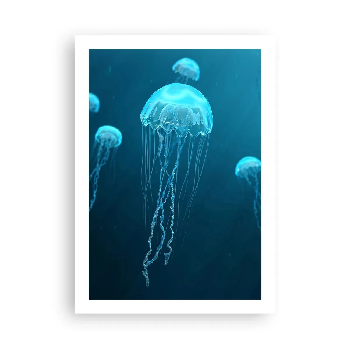 Poster - Quallen schwimmen im blauen Ozeanwasser - 50x70cm - Ozeantanz - Moderne Wanddekoration für Wohnzimmer und Schlafzimmer ARTTOR