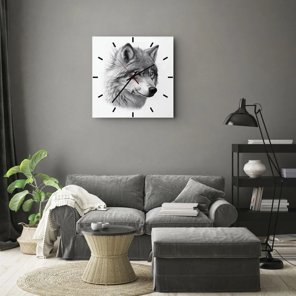 Wanduhr - Glasuhr - Ein realistisches Porträt eines Wolfes in Grautönen. - 30x30cm - Alpha – ohne Zweifel - Moderne Wanddekoration für Wohnzimmer und Schlafzimmer ARTTOR