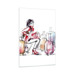 Glasbild - Bild auf glas - Eine Frau mit Koffern in einer dynamischen Aquarellillustration - 80x120cm - Setzen wir uns vor der Reise hin - Moderne Wanddekoration für Wohnzimmer und Schlafzimmer ARTTOR