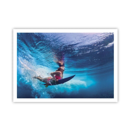 Poster - Ein Surfer unter Wasser in einer dynamischen Komposition in Blautönen. - 100x70cm - Tiefe der Freude - Moderne Wanddekoration für Wohnzimmer und Schlafzimmer ARTTOR