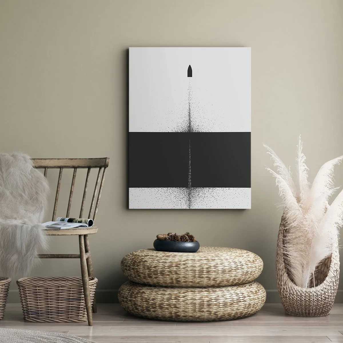Bild auf Leinwand - Leinwandbild - Ein symbolisches Projektil im minimalistischen, abstrakten Stil. - 50x70cm - Direkt zum Ziel - Moderne Wanddekoration für Wohnzimmer und Schlafzimmer ARTTOR
