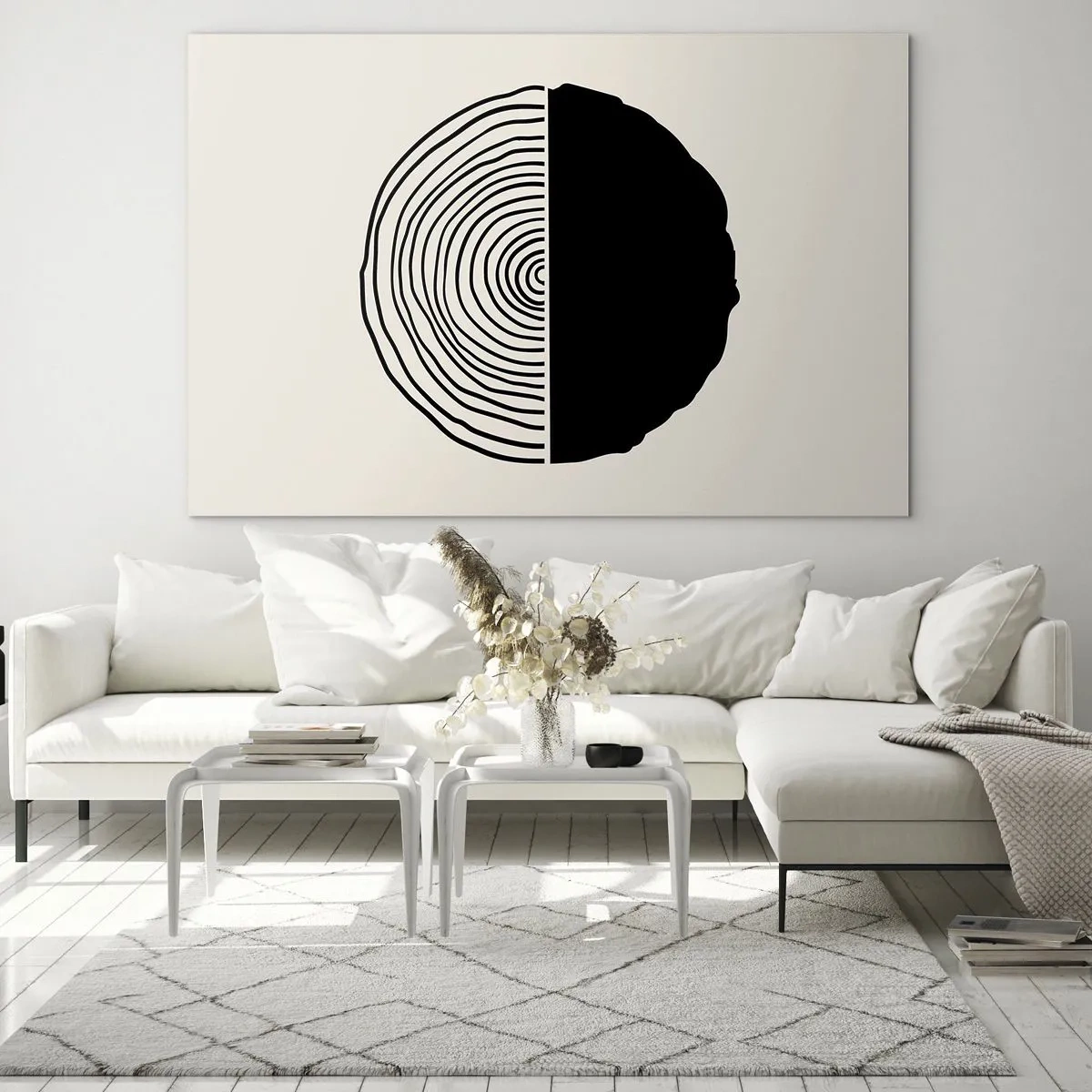 Glasbild - Bild auf glas - Eine minimalistische Grafik eines Querschnitts eines Baumstamms in zwei Hälften. - 70x50cm - Halb und halb - Moderne Wanddekoration für Wohnzimmer und Schlafzimmer ARTTOR